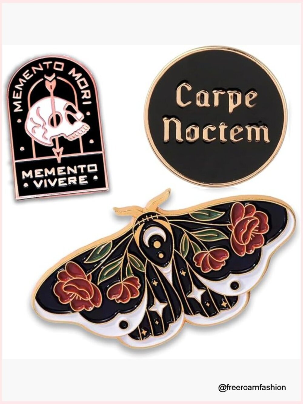 Gothic Enamel Pin Set 3Pcs - Moth Skull Carpe Noctem Alternative Backpack Pin